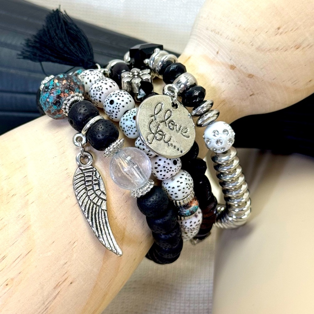 Silver and Black Beaded Bracelet Set
